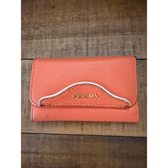 Prada Key Holder Wallet Women's Orange Saffiano Leather Made Italy Gold Hardware - Picture 1 of 13